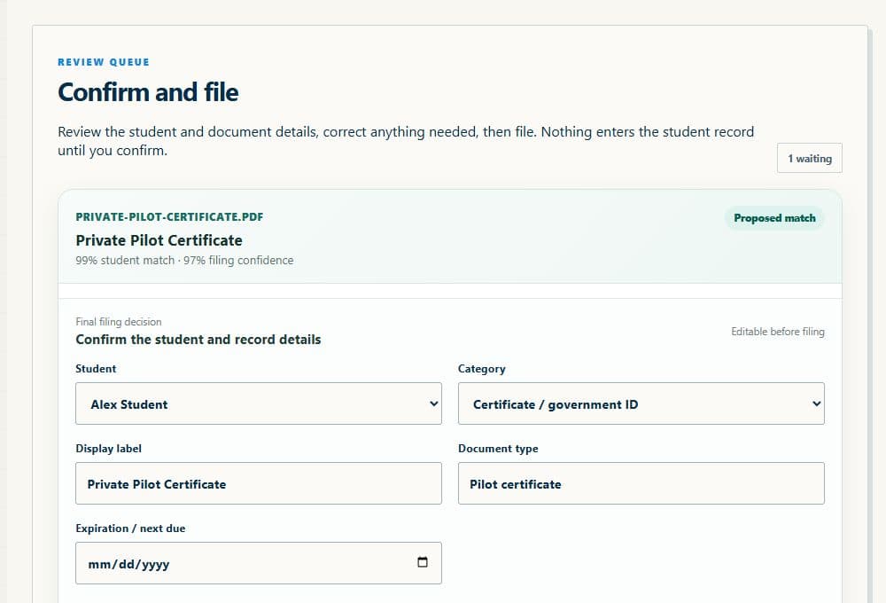 DualGiven document review screen with a suggested student match and editable certificate details before filing