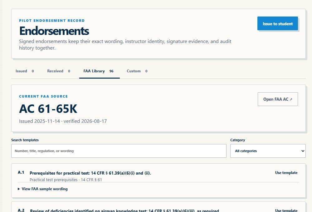 DualGiven endorsement workspace with the FAA template library, search, and category filter