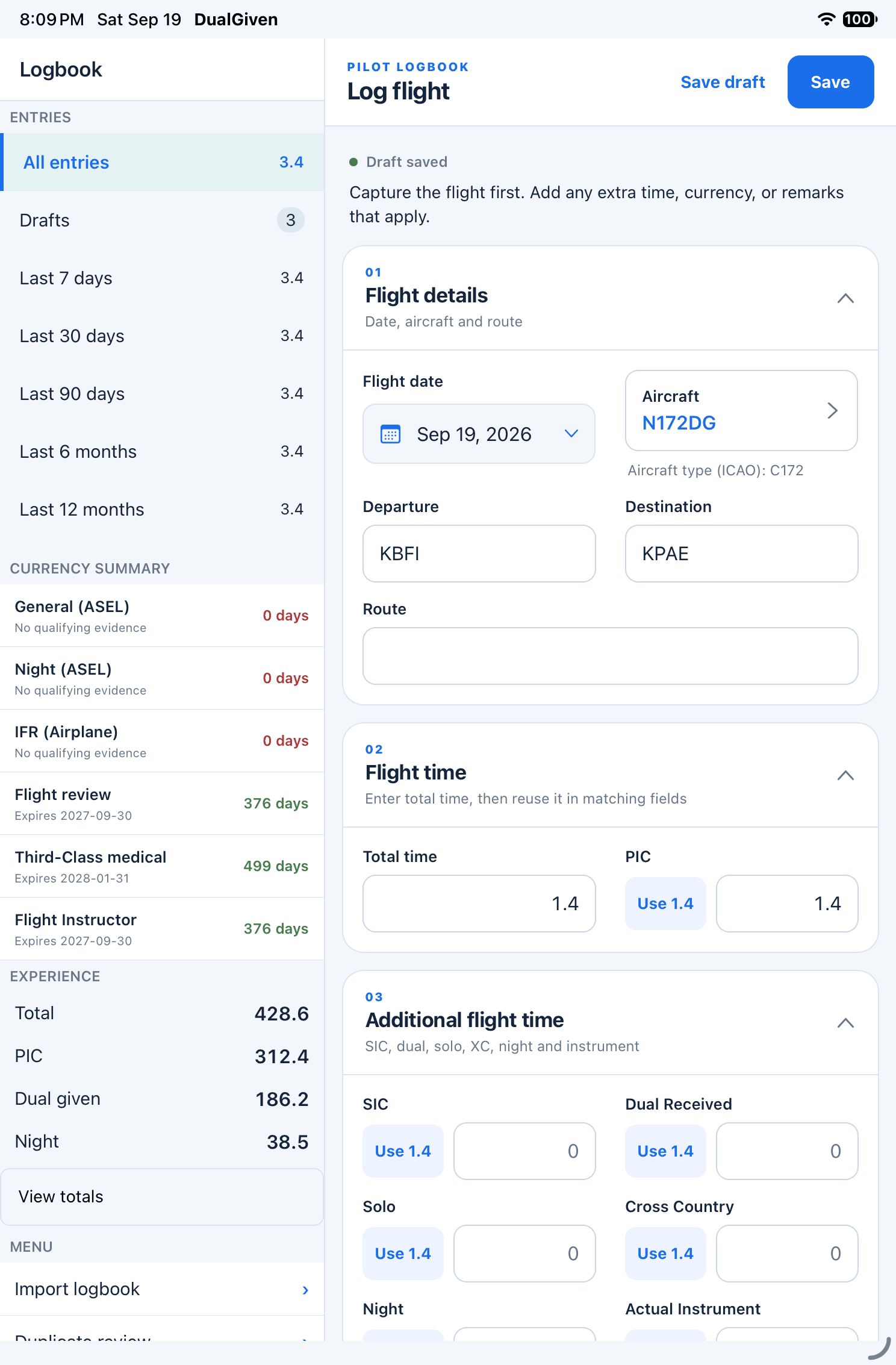 Actual DualGiven iPad app showing the logbook sidebar, currency summary, and flight entry form