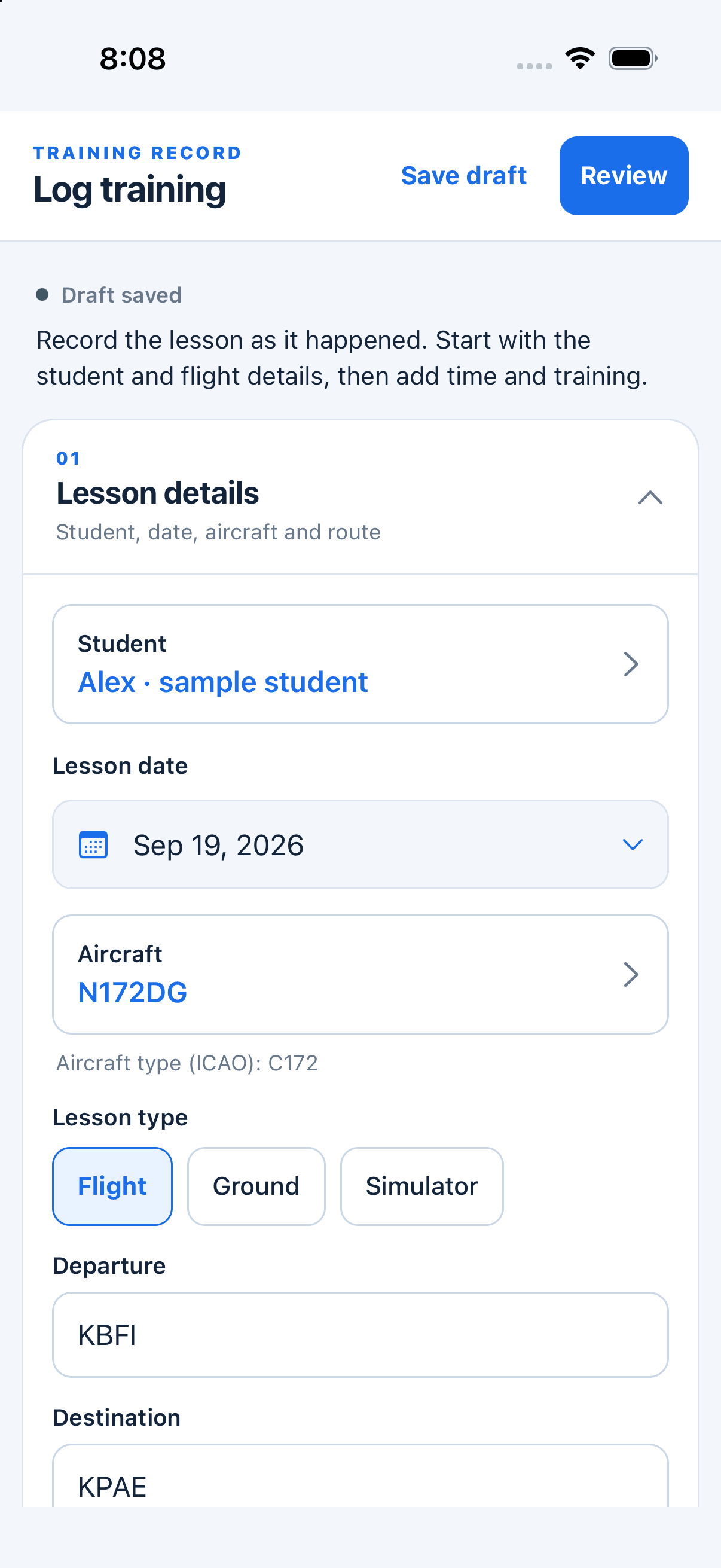 Actual DualGiven iPhone app showing the training entry form with a sample student, aircraft, and route