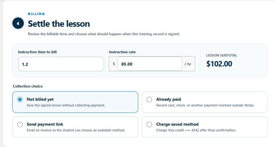 DualGiven lesson billing showing instruction time, rate, subtotal, and choices to record payment, send a link, or charge a saved method