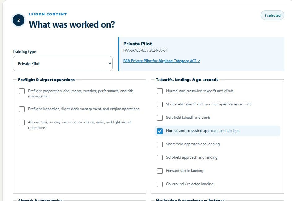 DualGiven lesson content screen with Private Pilot training items used to document progress